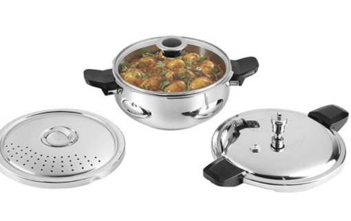 Vinod Magic Stainless Steel Smart 3 in 1 Pressure Cooker 5.5 Litre | 5mm Thick Base | All in One Cooker with Strainer & Glass Lid | Induction and Gas Base | ISI certified | 2 Years Warranty